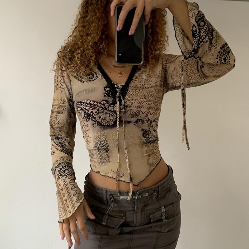 Cute Crop Top Grunge Floral T Shirt Tie Up Graphic Retro Pullovers Wo…