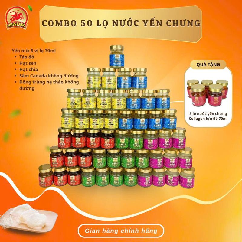   50 lọ + 5  Combo 50 lọ nước yến mix 5 vị lọ 70ml   táo đỏ hạt sen hạt chia sâm Canada không đường đông trùng hạ thảo không đường  yensao hũ chưng sẵn TẶNG 5 COLLAGEN LỰU ĐỎ 