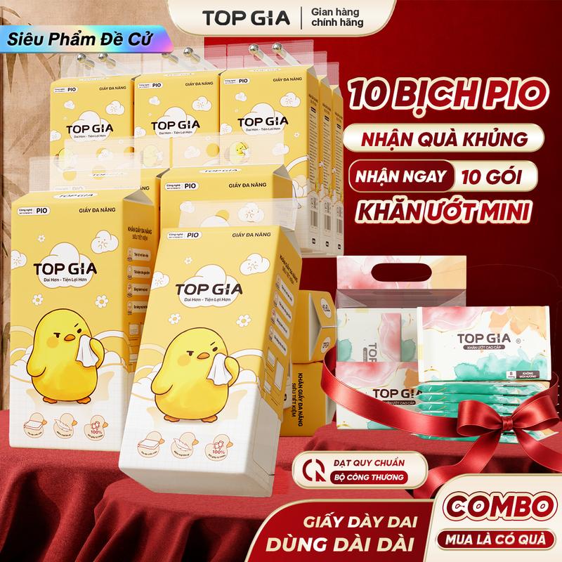 THÙNG 10 BỊCH Khăn Giấy Pio TOPGIA, Tặng 10 gói khăn ướt mini, 200 Lần Rút Siêu Dai 130x170mm khăn giấy cao cấp TOP GIA, giấy dai hơn bền chắc hơn mềm mịn hơn, khăn giấy vệ sinh ĐẠT QUY CHUẨN CỦA BỘ CÔNG THƯƠNG VTG03cf