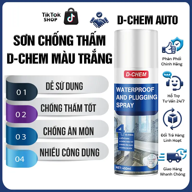 Sơn Xịt Chống Thấm Dột D-Chem Màu Trắng Chuyên Dụng Waterproof Dùng Cho Góc Tường Chân Tường Mái Nhà Mái Tôn