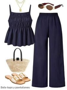 Conjunto casual con textura arrugada: top sin mangas y pantalón de pierna ancha, perfecto para uso diario, vacaciones, fotos con hermanas y ropa de primavera/verano