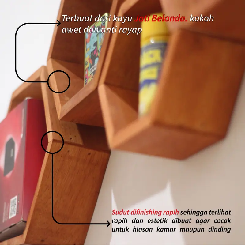 Rak Dinding Hexagonal Kayu Tempel Estetis untuk Kamar dan Ruang Tamu 4