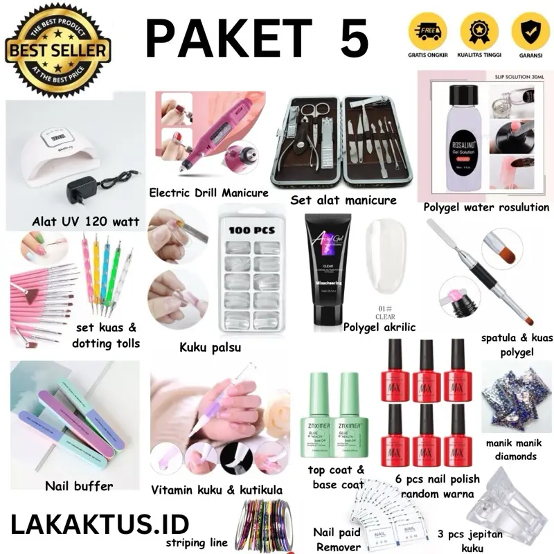 Paket 5  Set nail art pemula paling lengkap, murah, berkualitas, dari pembersihan kutikula, ekstension kuku, apply nail polis dan remove nail gel gunting kuku modern