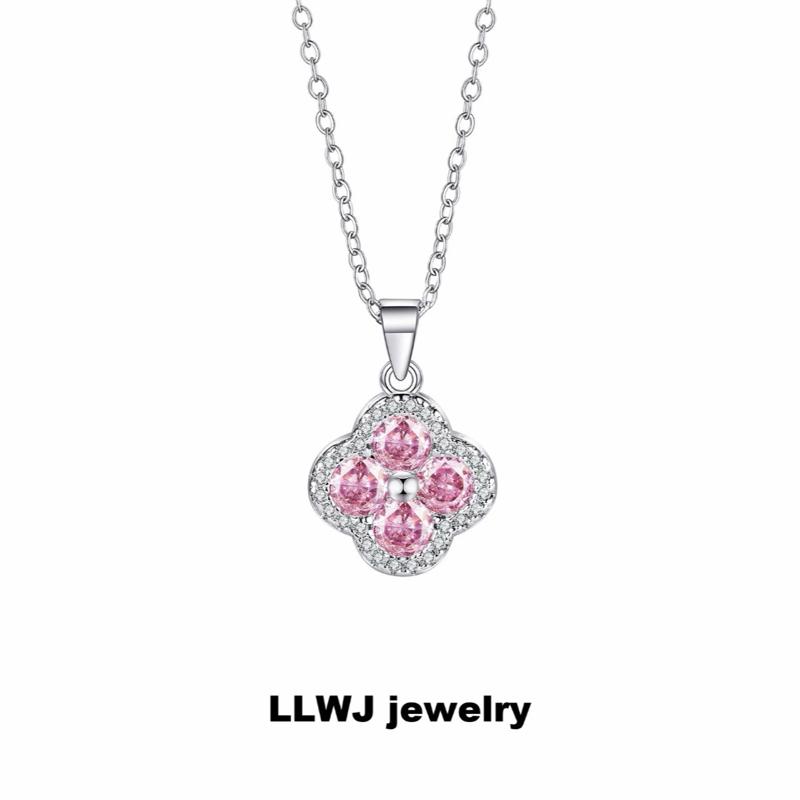 LLWJ Dây chuyền cỏ bốn lá màu hồng, phụ kiện nữ, phong cách sang trọng nhẹ nhàng, cảm giác cao cấp, đá zirconia xăn h, để pht độ, thết ế hón giản, quà quai tặng cho bạn gái và bạn thân nữ.