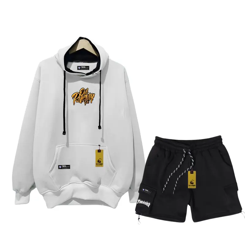 Oneset Hoodie Celana Pendek Pria Wanita Distro Stelan Sweater Celana Cargo Bahan Flece Brend Puster Apparel Size M L XL XXL Dewasa Hitam Setelan Polos Unisex Katun Crewneck 0