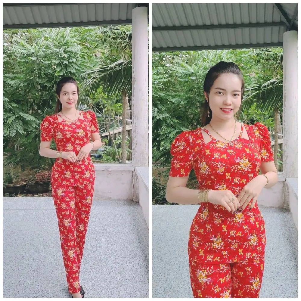 đồ bộ cổ yếm tay phồng quần dài ống nhỏ size 40-78kg Nữ Thun Áo