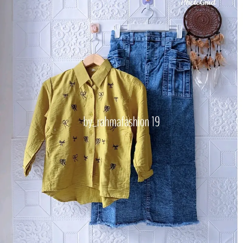 Setelan Kemeja Pita Kancing Fuul Dan Bawahan Rok Jeans Variasi Saku Depan Usia 8_11 Tahun 3