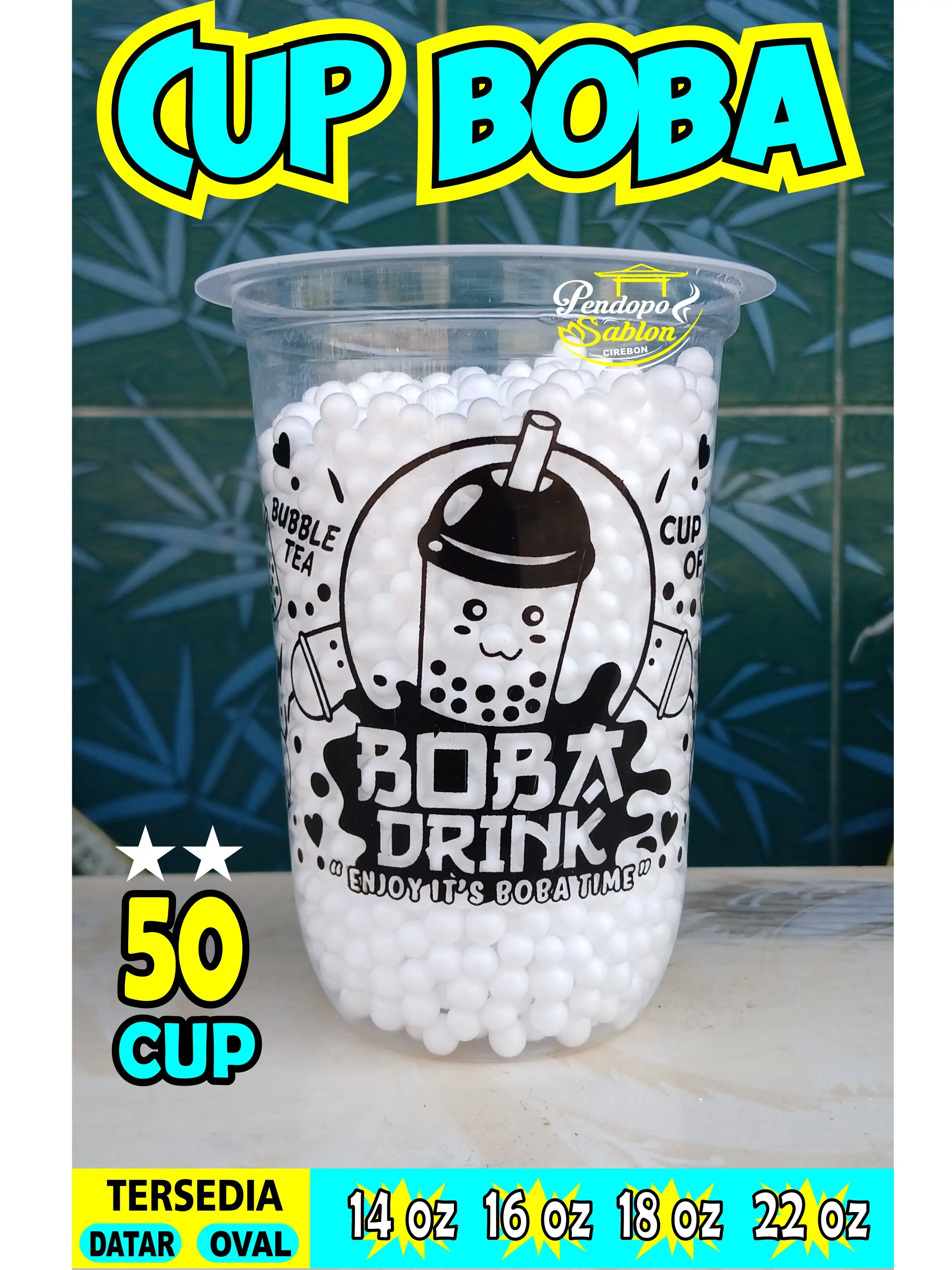 gelas cup plastik MOTIF BOBA 14oz 16oz 18oz 22oz oval datar/ cup boba / sedotan boba bubble / tapioka pearl / bobatee / bubuk minuman / cup oval / cup motif / sablon cup boba /
