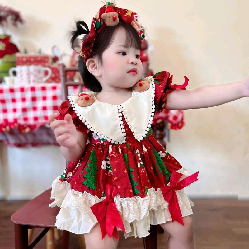 đầm đỏ phối kem vàng nơ sọc caro họa tiết cây thông chất thô lụa màu đỏ đô cổ áo to
