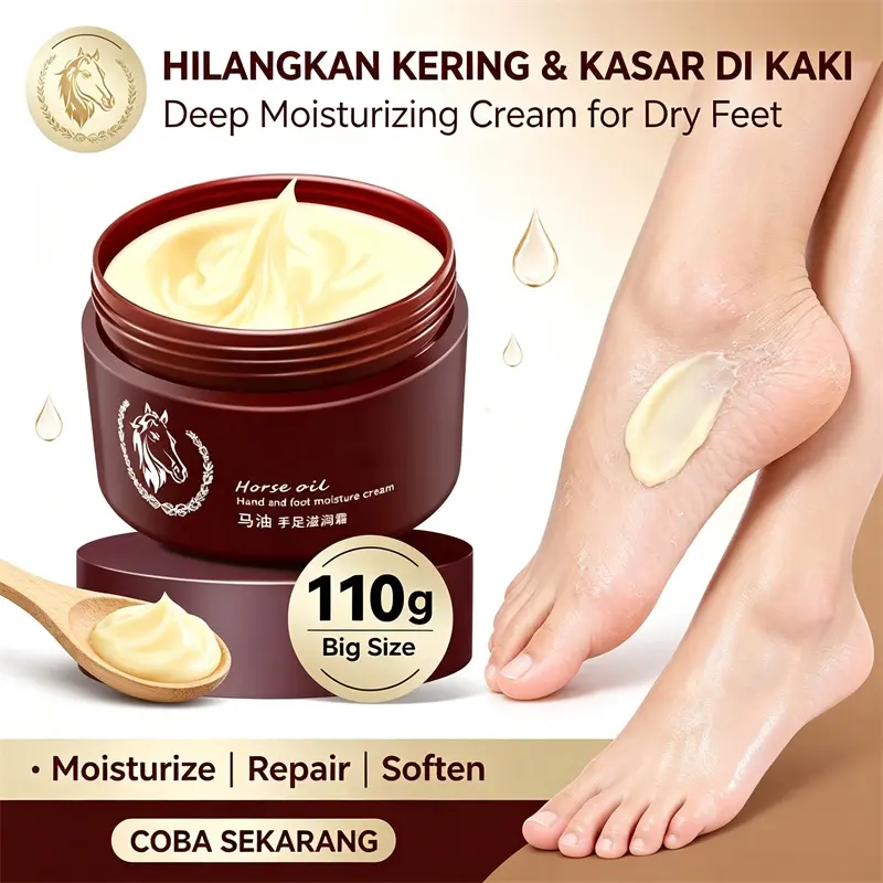 Krim Minyak Kuda 110g membantu melembapkan serta menghaluskan kulit tangan kering dan tumit kaki pecah-pecah, salep herbal pereda kapalan untuk pria dan wanita, solusi perawatan kaki dan tangan sederhana agar tetap lembut, halus dan percaya diri