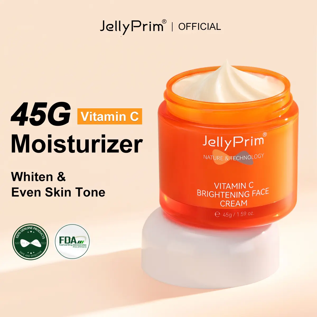 JellyPrim Vitamin C Dual Brightening Face Cream 45g | Moisturizer Remove Dark Spot Freckles Cream Face Whitening Products for Acne Prone Skin | Niacinamide Vitamin C | 【FDA Approved】【COD】【Shiped From Manila】