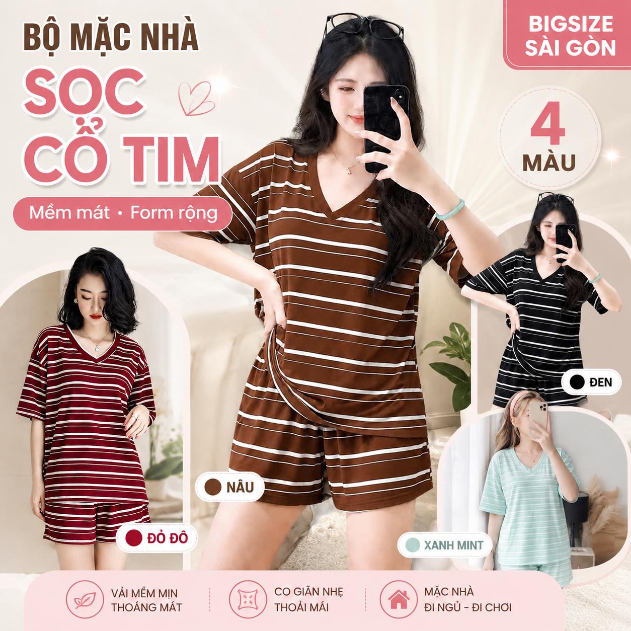 Set Bộ Bigsize Sài Gòn Thun Borip Sọc Cổ Tim Form Rộng – Quần Short 45-100kg- B.1828