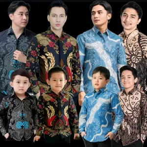 KEMEJA BATIK COUPLE AYAH DAN ANAK COWOK Nyaman Panjang Motif Keluarga Katun Baju Pasangan Seragam Biru Merah
