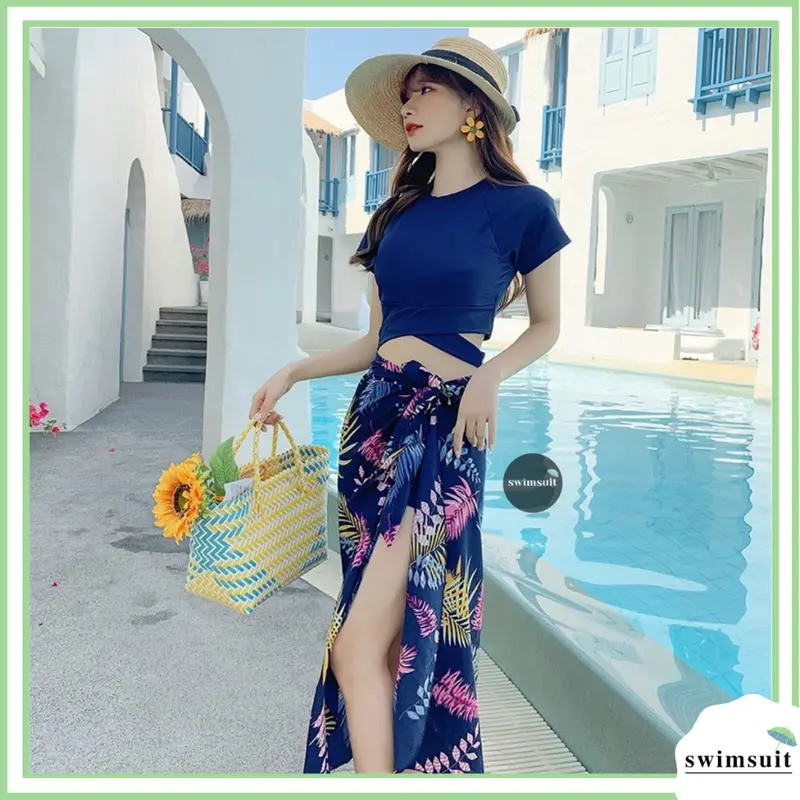 Swimsuit Set Baju Renang Wanita Gaya Korea Import High Quality model three-pieces 8042 1
