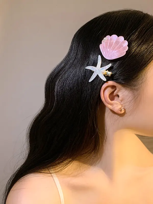 Kẹp tóc vỏ sao biển xanh lá bạc hà, kẹp tóc mái bên ngọt ngào, phụ kiện tóc bên bờ biển dễ thương Nữ Women Voi 4