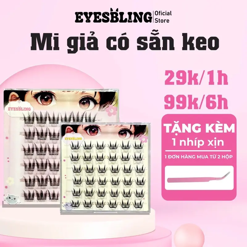Mi Giả Eyesbling Có Sẵn Keo 99K - 6 Hộp, Sợi Mi Mỏng Tự Nhiên Độ Cong C Hoàn Hảo .Tái Sử Dụng Được Nhiều Lần , Dễ Dàng Sử Dụng Mi Tự Dính Dễ Dàng Sử Dụng