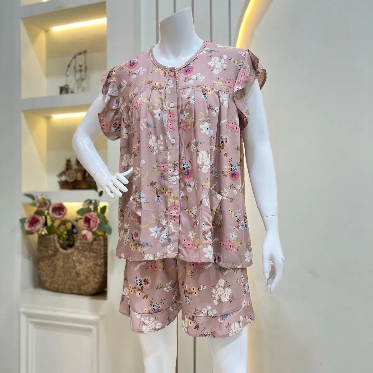 Piyama Ruffle Set Wanita Kekinian Busui Rayon -/ SETELAN LUCU FULL KANCING