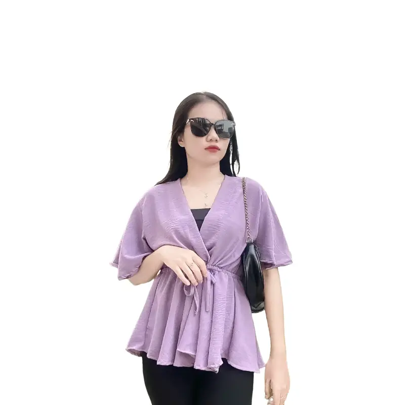 Cessie blouse Rempel wanita polos cringkle airflow casual serut rample Santai Baju Atasan Crinkle Panjang Nyaman 0