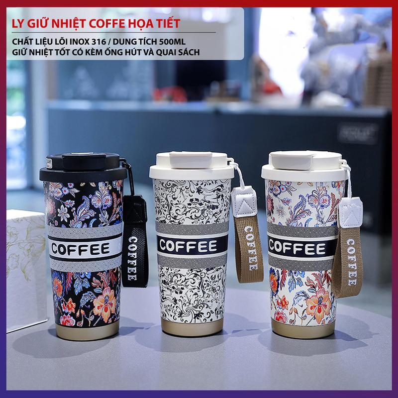 Ly Giữ Nhiệt COFFEE 500ml Có Quai Xách Kèm Cốc Giữ Nhiệt Nóng Lạnh Inox 316 Cao Cấp Có Ống Hút