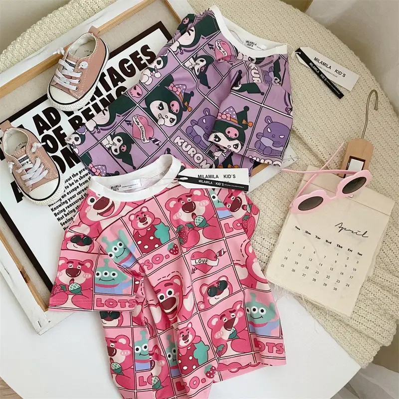 ByKiddos - Atasan Kaos Anak Perempuan Gaya Kasual Longgar Lengan Pendek Bermotif Lotso Dan Kuromi Fashion Lucu 3