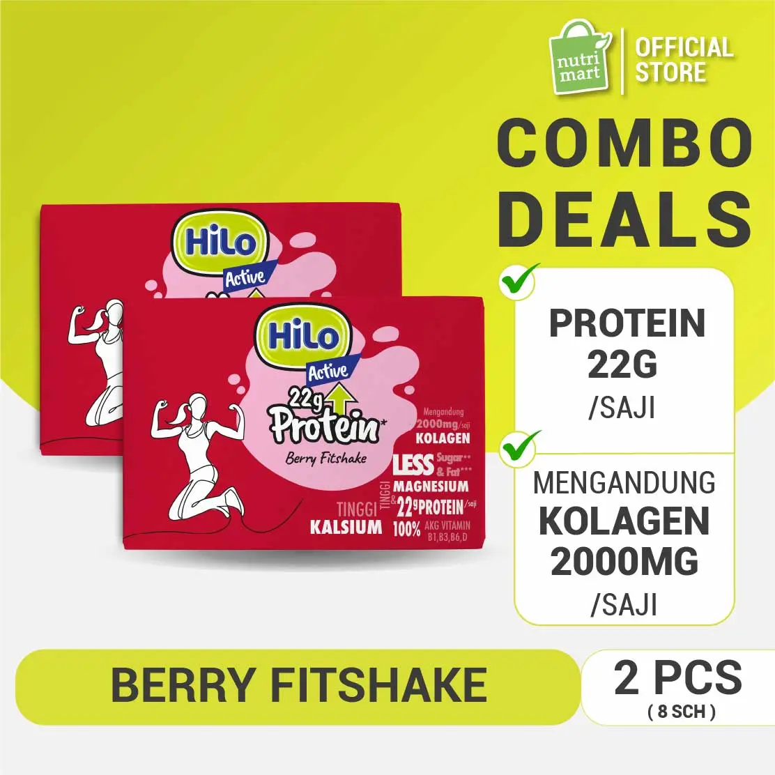 Twin Pack HiLo Active 22g Protein Berry Fitshake 8 Sch – Susu Tinggi Whey Protein Kolagen Kalsium