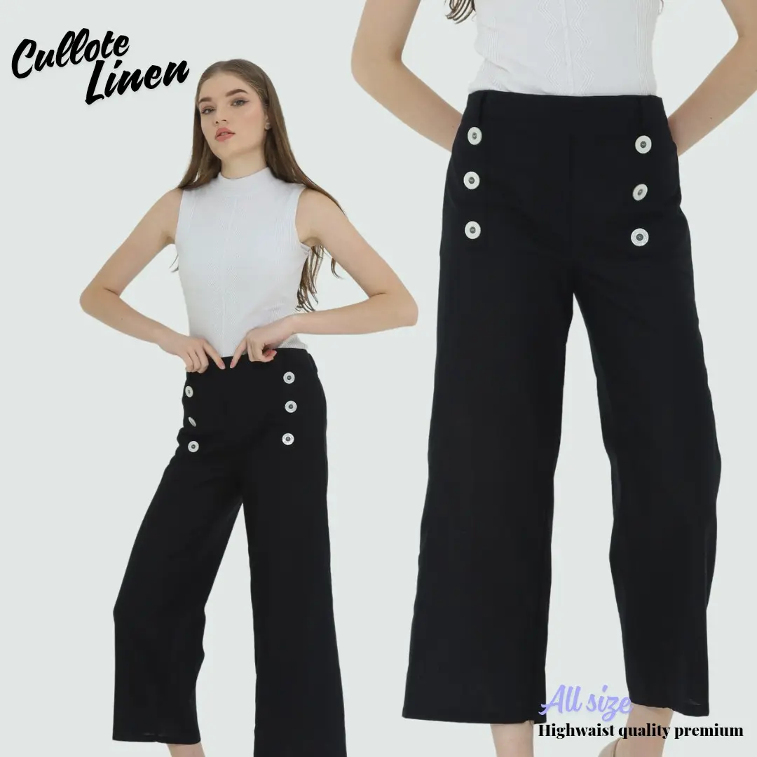 Celana Kulot Wanita Terbaru Linen Rami Premium Bawahan Kulot Cewek Pinggang Karet variasi Kancing cutbray Casual Panjang Kerja Dewasa Melar Standar Samping Basic Dark Hitam Formal Harian