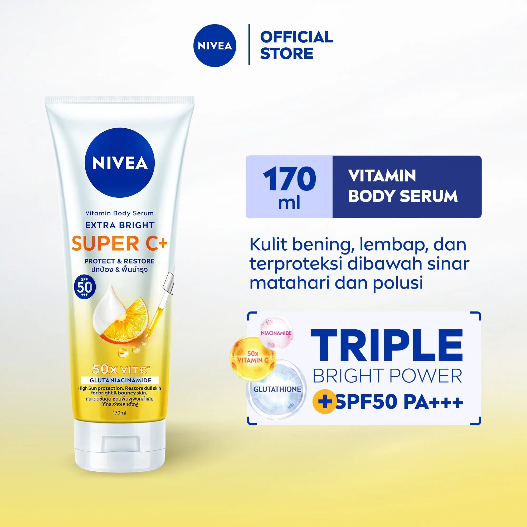 NIVEA Super C+ Vitamin Body Serum 170m- Hand body serum lotion moisturizer mencerahkan kulit kusam bening badan glowing brightening melembabkan kering SPF UV matahari harian tidak lengket - Vitamin C, Niacinamide, Glutathione