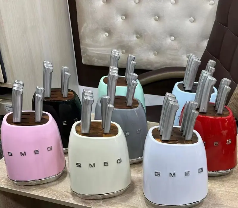 ITALY SMEG knife block set with 6pc knife Vintage Stainless Steel Kitchen Knife Bread Knife Home Kitchen Knife 7 Piece Set Pisau SMEG Cream color/Black/Red/Pink/Green/Grey/White/Blue