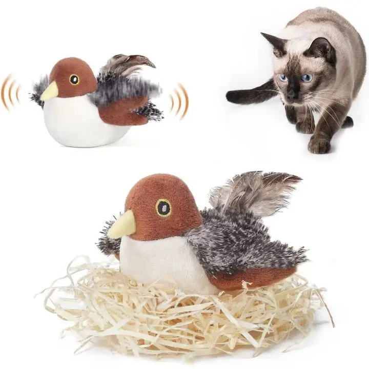 Rechargeable Wing Flapping Sparrow Cat Toy, Realistic Chirping Sound, Touch Activated Kitten Toy Interactive Cat Toy, Suitable for All Cat Breeds Kick Cat Toy