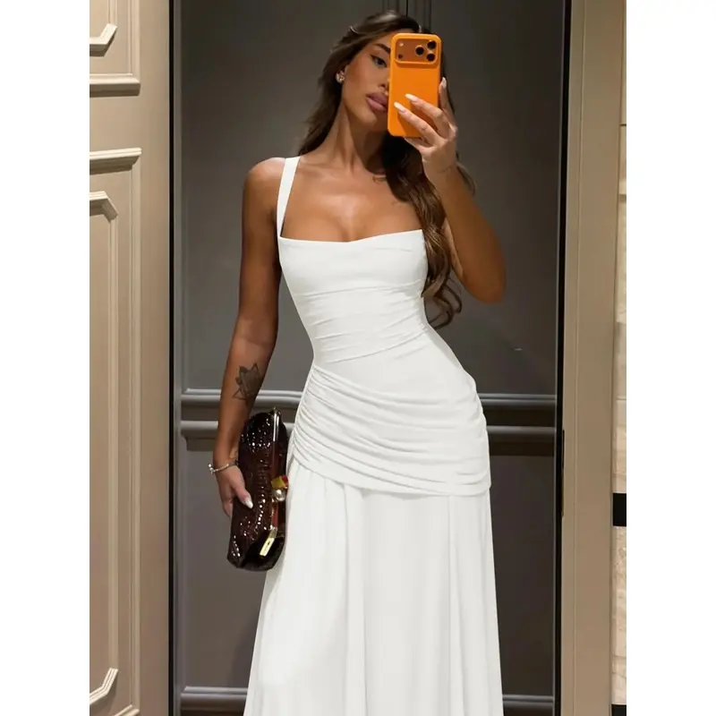 Vestido largo sin mangas de color sólido con lazo en la espalda para mujer, vestido ajustado con tirantes cruzados y cordones en la espalda, diseño minimalista, ideal para fiestas, clubes, citas, eventos formales, vestidos casuales para damas, moda para t - Foto 9