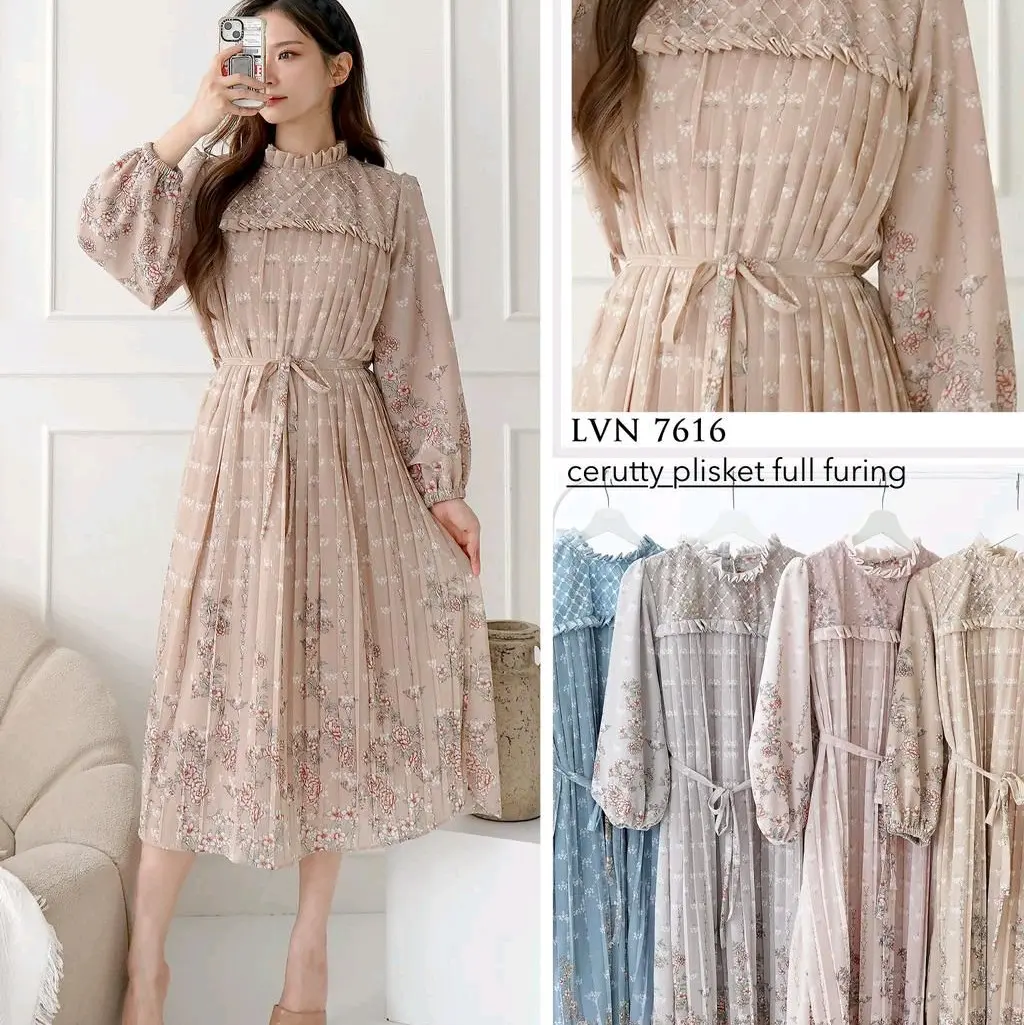 TUNIK MOSCA/TUNIK KEKINIAN BAHAN CERUTTY PLISKET KOMBINASI FULL FURING Formal Nyaman Panjang Casual Dress Ceruty Pesta