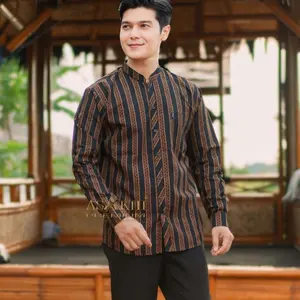 Kemeja Lurik Jawa Kombinasi Batik Kerah Sanghai - Baju Koko Dewasa Pria Lengan Panjang Full Kancing Bahan Katun Halus