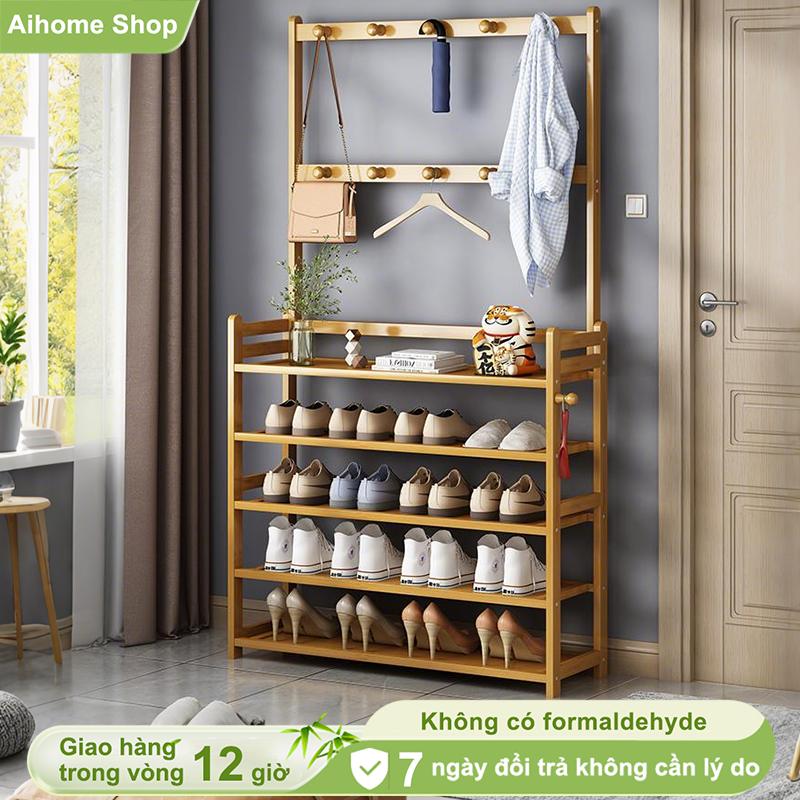 AI Kệ Giày Dép Kết Hợp Chỗ Treo Đồ Đa Năng Tiện Lợi ,Giá Kệ Chữ L 4 Tầng Gỗ Tre Phong Cách Hiện Đại Treo Quần Áo, Nón, Túi Xách, Để Giày Dép chổi tàu dừa omamori himari kệ giày dép đa năng kệ để giày dép kệ giày dép đa năng kệ đựng giày dép