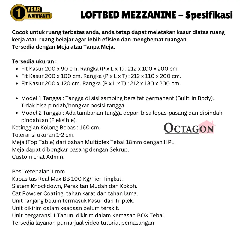 Ranjang Loftbed Besi Ranjang Tingkat Mezzanine Besi Minimalis Knockdown 1