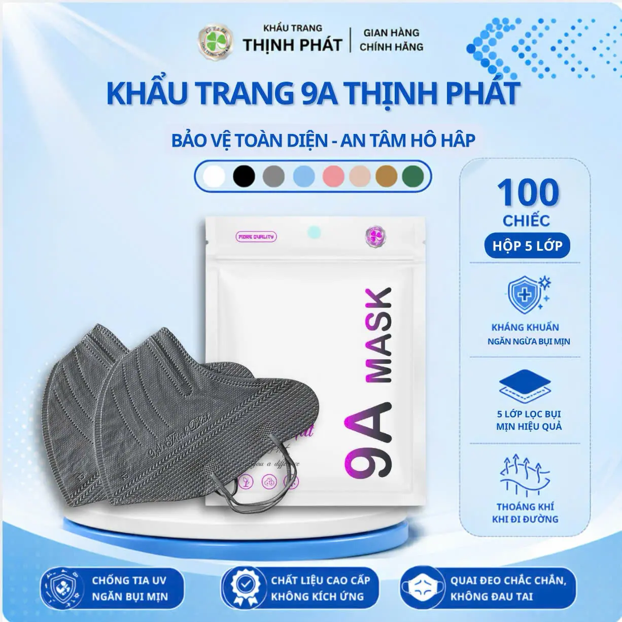 100 Chiếc KHẨU TRANG 9A THỊNH PHÁT 5 Lớp dày dặn, form to, che kín khuôn mặt size 45-99kg