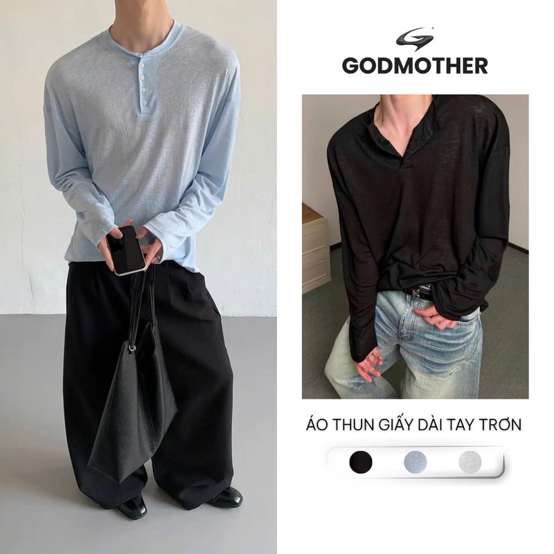 Áo Thun Giấy Trơn Dài Tay GODMOTHER Phối Cúc Form Rộng Chất Liệu Mỏng Nhẹ Co…