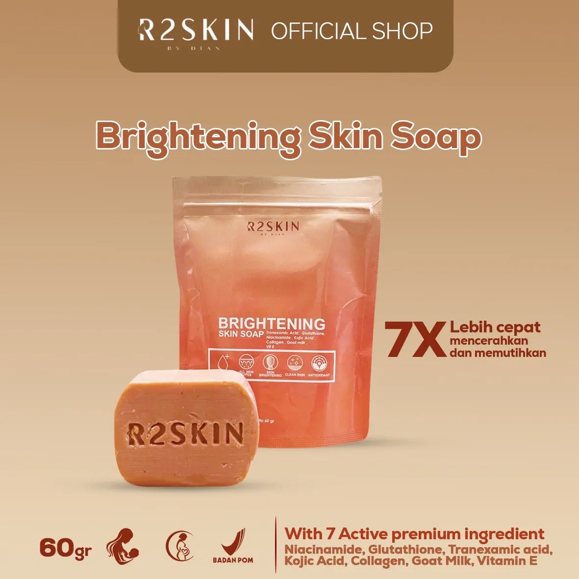 R2SKIN (1 PCS ) Glutathione Brightening Soap dengan Tranexamic acid,Collagen,Niacinamide,Kojic acid  ( Free 1 jaring sabun )