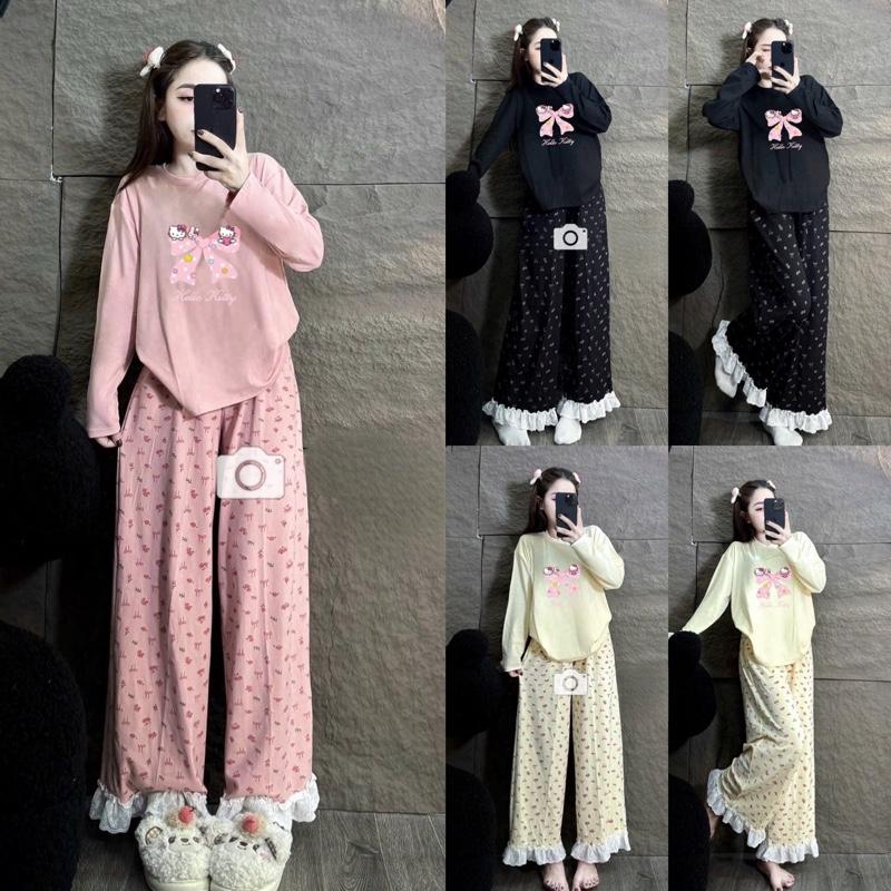 Sét bộ mặc nhà dài tay quần dài áo hình helo kittty chất vải tăm lạnh freesize 40kg 68kg có phối ren chân