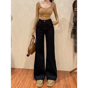 LL Jeans korea style Hitam Cutbray Highwaist Seksi CelanaJeans Wanita Melar Denim (realpict)