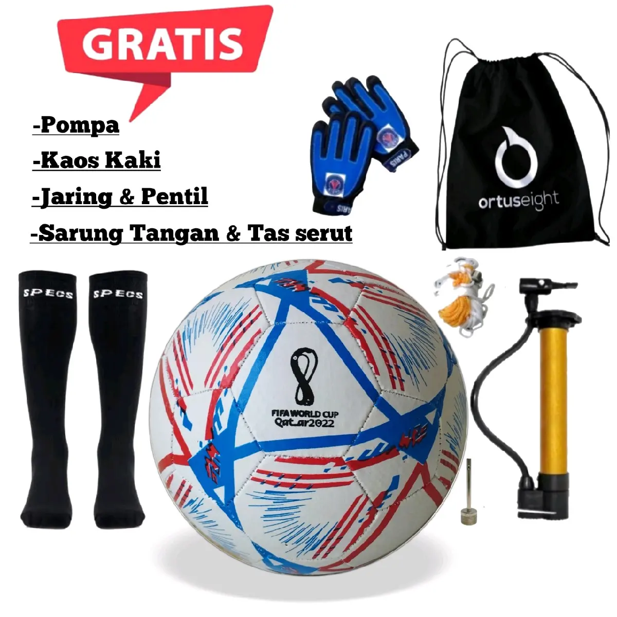 Paket Hemat Bola Sepak Size 5 Berbagai Merek Bonus Pompa Sarung Jaring Tas Serut Dan Kaos Kaki