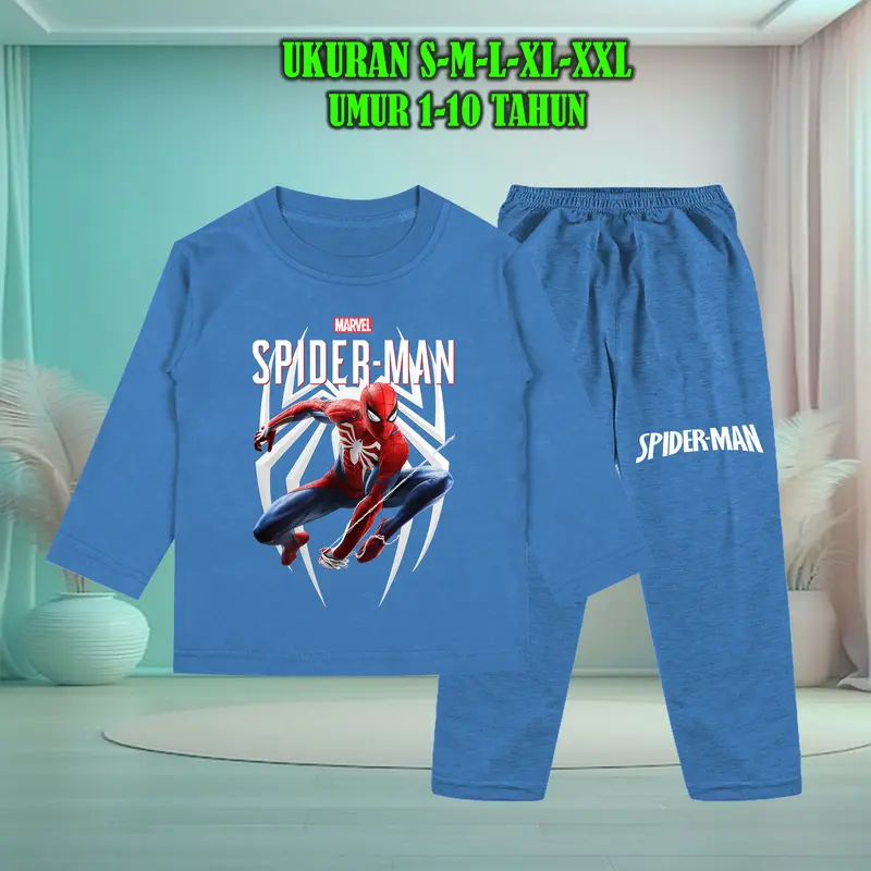 Setelan Baju Anak Tidur Gambar Spiderman Lengan Panjang dengan Sablon Berkualitas - Baju Anak Fashion laki Celana 2