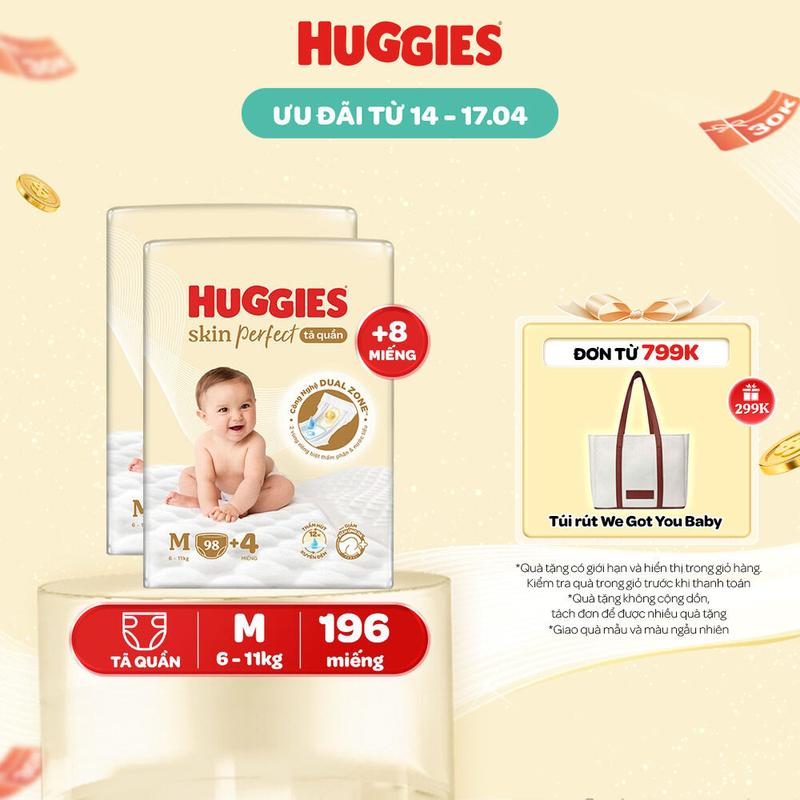 Combo 2 gói Tã quần Huggies Skin Perfect Mega Jumbo với 2 vùng thấm giảm kích ứng da Size M 98+4/L 88+4/XL 72+4/XXL 64+4