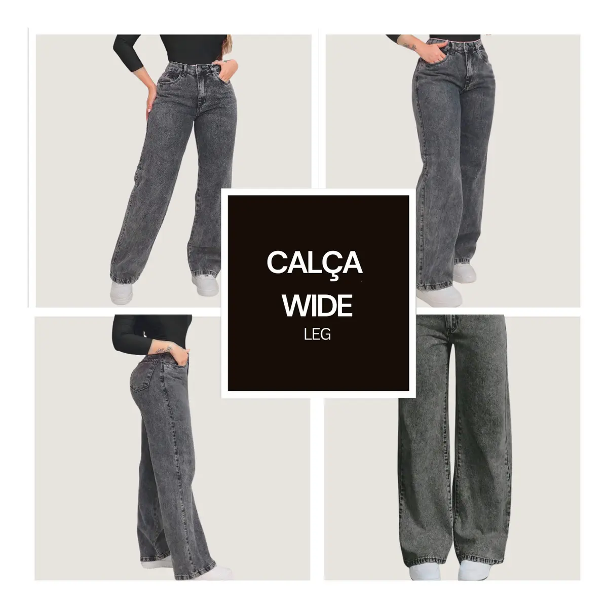 Kit 3 Calça Jeans Wide Leg Feminina Cintura Alta 100% Algodão Premium Bolsos e Modelagem Reta e Solta para Looks Casual e Chic - 4