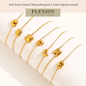Flexion - Gelang Tangan Wanita Huruf Bubble Titanium Anti Karat/Hitam/Luntur - Aksesoris dan Perhiasan Fashion Korea Aesthetic Inisial - Stainless Steel 316L - 18K Gold Plated