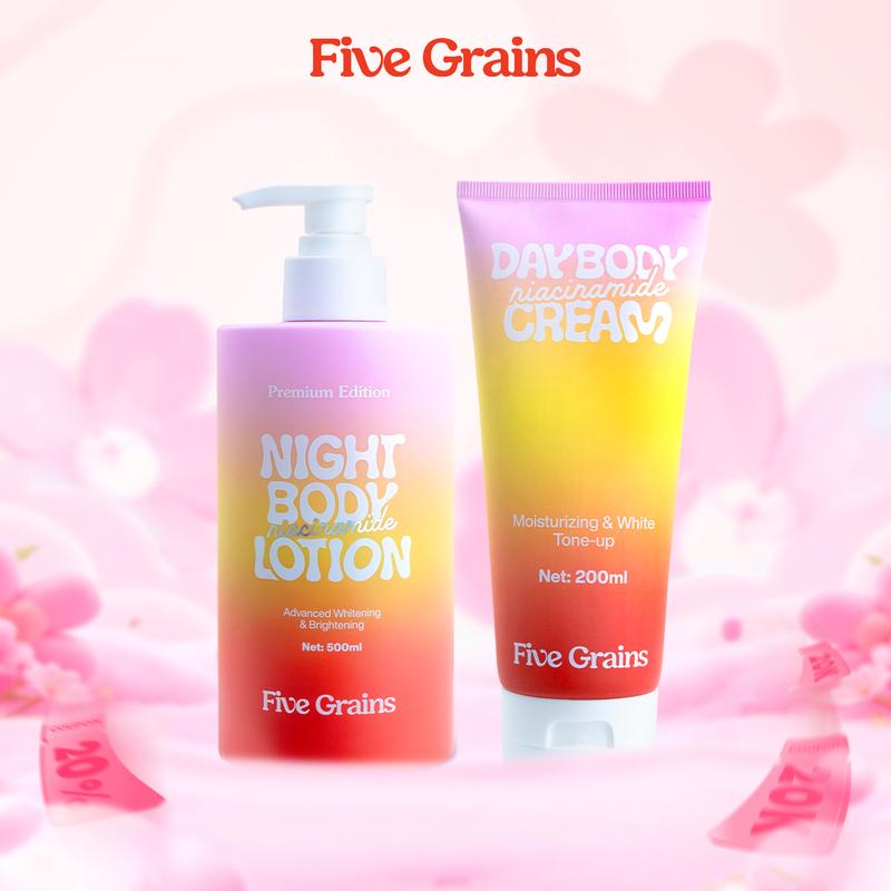 I Combo kem dưỡng giúp dưỡng ẩm dưỡng trắng da body ban ngày 200ml và ban đêm 500ml Five Grains Niacinamide Alpha-Arbutin - A07