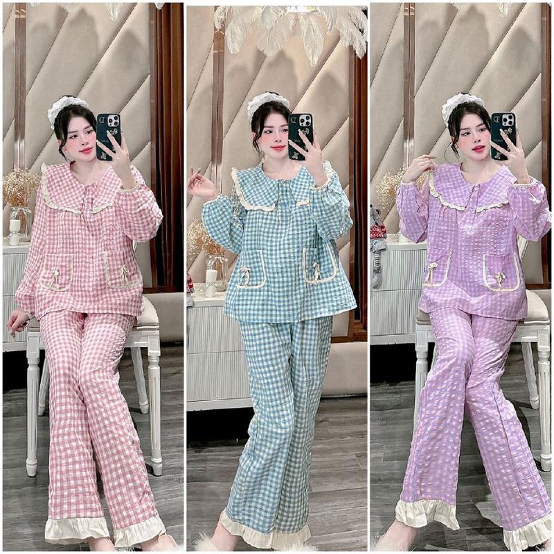 Bộ Ngủ Nữ, Áo 2 Túi Nơ, Vải Đũi Kẽ Cổ Viền 40-58kg Women Dài Tay Voi Kem Quần Ngủ Tim Nhung