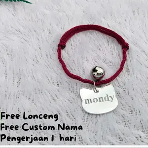 kalung kucing bahan tali free custom nama bentuk kepala kucing liontin akrilik silver