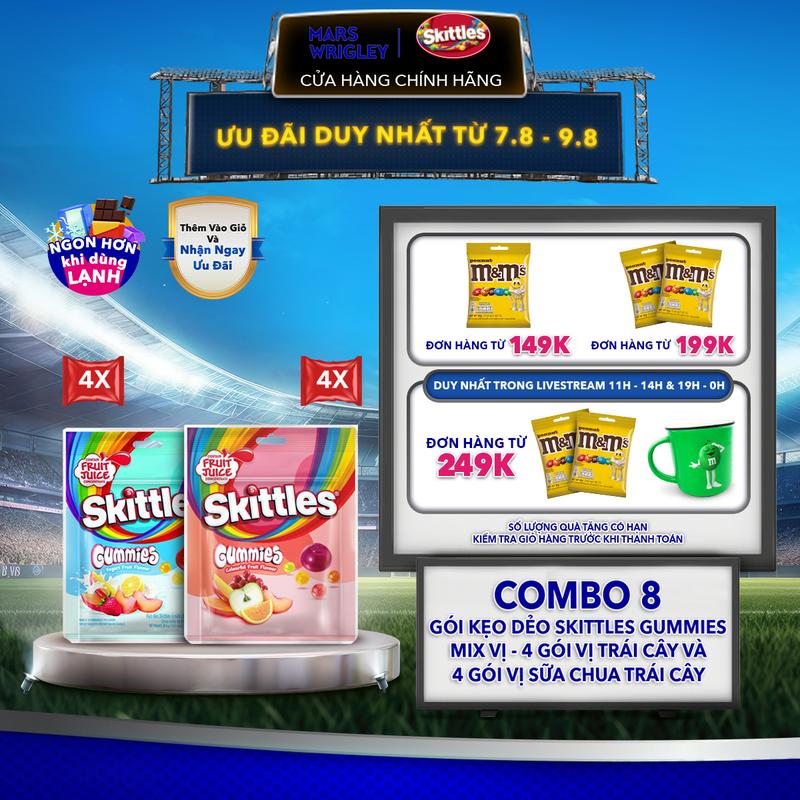 Combo 8 Gói kẹo dẻo Skittles Gummies mix vị - 4 gói vị trái cây và 4 gói vị sữa chua trái cây