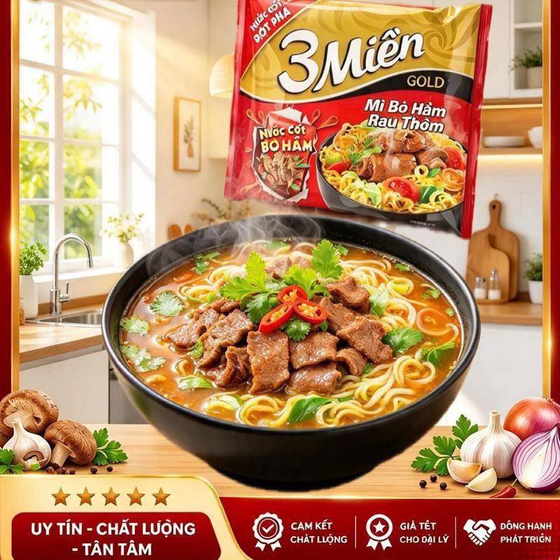 Thùng mì 32 gói mì 3 Miền Bò hầm rau thơm 75g – Đậm đà, thơm ngon khó cưỡng