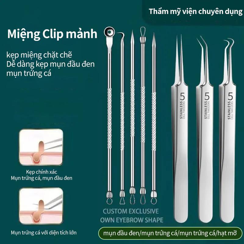 Kim mụn thép không gỉ bộ kim nạo mụn đầu đen lấy mụn trứng cá kim đóng dụng cụ bóp kim phấn mịn chọc rượu đậu ấn hạt đậu kim màu xanh lá cây đậm kẹp nhíp bóp công cụ thần thánh kẹp tế bào mụn